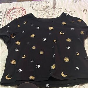 No Boundaries Black Crop Top with Gold Sun and Moon Print